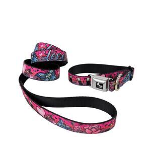 Buckle-Down Metal Clip Love Pink Tattoo Nylon Adjustable Dog Collar / Leash Set